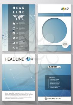 Business templates for brochure, magazine, flyer, booklet or annual report. Cover design template, easy editable vector, abstract flat layout in A4 size. Geometric blue color background, molecule stru