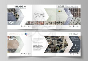 Set of business templates for tri fold square design brochures. Leaflet cover, abstract flat layout, easy editable vector. Colorful background made of dotted texture for travel business, urban citysca