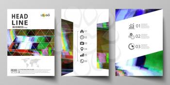 Business templates for brochure, magazine, flyer, booklet or annual report. Cover design template, easy editable vector, abstract flat layout in A4 size. Glitched background made of colorful pixel mos
