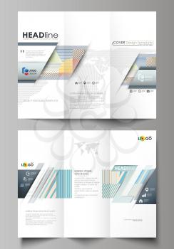 Tri-fold brochure business templates on both sides. Easy editable abstract vector layout in flat design. Minimalistic design with lines, geometric shapes forming beautiful background.