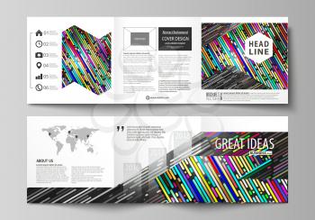 Set of business templates for tri fold square design brochures. Leaflet cover, abstract flat layout, easy editable vector. Colorful background made of stripes. Abstract tubes and dots. Glowing multico