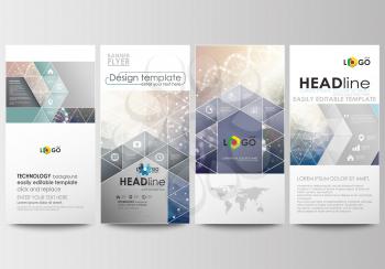 Flyers set, modern banners. Business templates. Cover design template, easy editable, abstract flat layouts. DNA molecule structure on blue background. Scientific research, medical technology