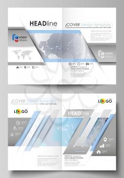 The vector illustration of the editable layout of two A4 format modern cover mockups design templates for brochure, flyer, report. Technology concept. Molecule structure, connecting background