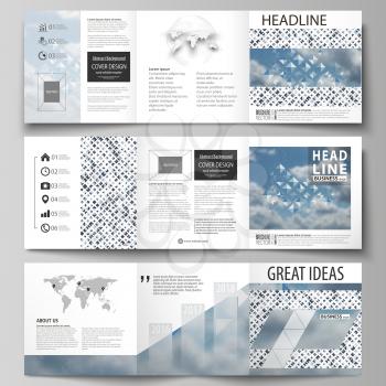 Set of business templates for tri fold brochures. Square design. Leaflet cover, abstract flat layout, easy editable vector. Blue color pattern with rhombuses, abstract design geometrical vector backgr