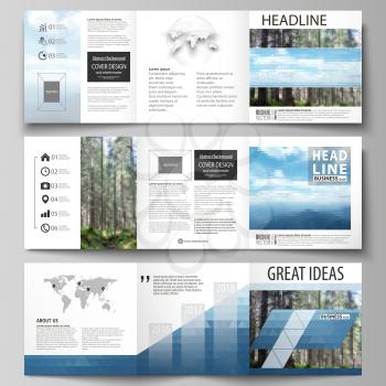 Set of business templates for tri fold square design brochures. Leaflet cover, abstract flat layout, easy editable vector. Colorful background made of triangular or hexagonal texture for travel busine