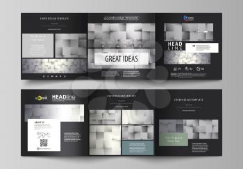 Set of business templates for tri fold square design brochures. Leaflet cover, abstract flat layout, easy editable vector. Pattern made from squares, gray background in geometrical style. Simple textu