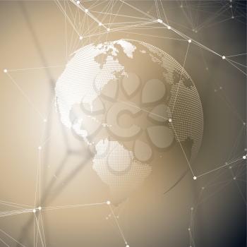 Abstract futuristic background with connecting lines and dots, polygonal linear texture. World globe. Global network connections, geometric design, technology digital concept