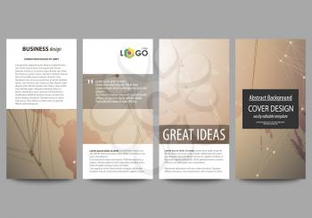 The minimalistic abstract vector illustration of the editable layout of four modern vertical banners, flyers design business templates. Global network connections, technology background with world map