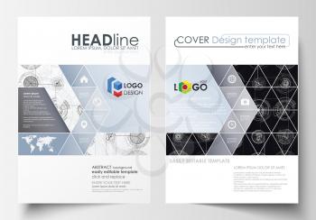 Business templates for brochure, magazine, flyer. Cover template, flat layout in A4 size. High tech design, connecting system. Science and technology concept. Futuristic abstract vector background