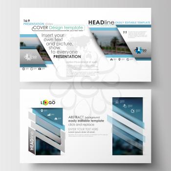 Business templates in HD format for presentation slides. Flat design blue color travel decoration layout, easy editable vector template, colorful blurred natural landscape
