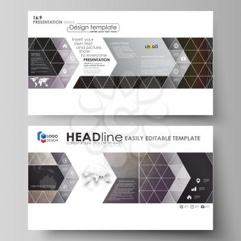 Business templates in HD format for presentation slides. Easy editable abstract vector layouts in flat design. Dark color triangles and colorful circles. Abstract polygonal style modern background.