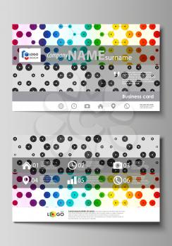 Business card templates. Easy editable layout, abstract vector design template. Chemistry pattern, hexagonal design molecule structure, scientific, medical DNA research. Geometric colorful background.