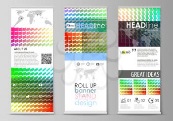 Set of roll up banner stands, flat design templates, abstract geometric style, modern business concept, corporate vertical vector flyers, flag layouts. Colorful rectangles, moving dynamic shapes formi