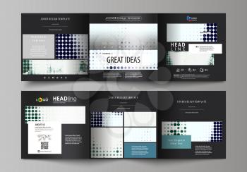 Set of business templates for tri fold square design brochures. Leaflet cover, abstract flat layout, easy editable vector. Halftone dotted background, retro style grungy pattern, vintage texture. Half