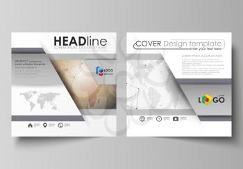 The minimalistic vector illustration of the editable layout of two square format covers design templates for brochure, flyer, magazine. Global network connections, technology background with world map