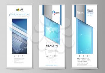 The minimalistic vector illustration of the editable layout of roll up banner stands, vertical flyers, flags design business templates. Abstract global design. Chemistry pattern, molecule structure