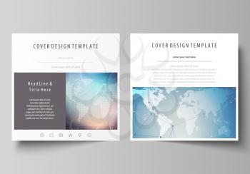 The minimalistic vector illustration of the editable layout of two square format covers design templates for brochure, flyer, booklet. Polygonal geometric linear texture. Global network, dig data conc