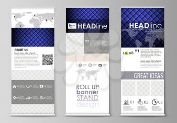 Set of roll up banner stands, flat design templates, abstract geometric style, modern business concept, corporate vertical vector flyers, flag layouts. Shiny fabric, rippled texture, white and blue co