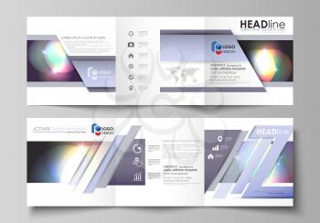 Set of business templates for tri fold square design brochures. Leaflet cover, abstract flat layout, easy editable vector. Retro style, mystical Sci-Fi background. Futuristic trendy design.