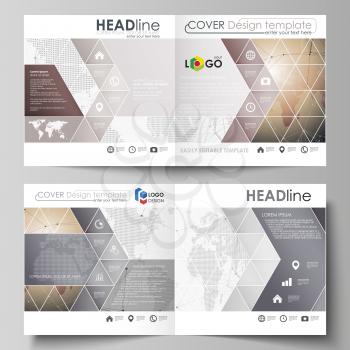 The vector illustration of the editable layout of two covers templates for square design bi fold brochure, magazine, flyer, booklet. Global network connections, technology background with world map