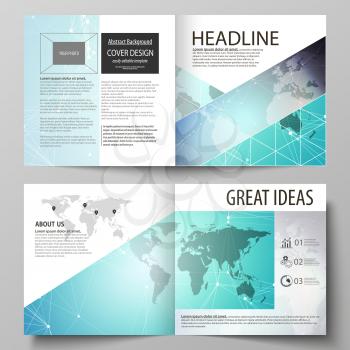 The vector illustration of the editable layout of two covers templates for square design bi fold brochure, magazine, flyer, booklet. Molecule structure, connecting lines and dots. Technology concept