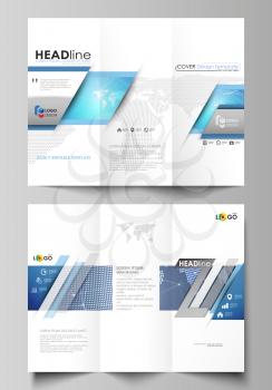The minimalistic abstract vector illustration of the editable layout of two creative tri-fold brochure covers design business templates. Abstract global design. Chemistry pattern, molecule structure