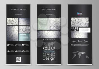 Set of roll up banner stands, flat design templates, abstract geometric style, modern business concept, corporate vertical vector flyers, flag layouts. Pattern made from squares, gray background in ge