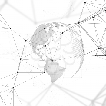 Abstract futuristic background with connecting lines and dots, polygonal linear texture. World globe on white. Global network connections, geometric design, dig data technology digital concept