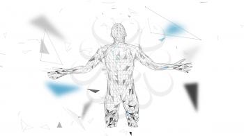 Conceptual abstract man. Connected lines, dots, triangles, particles on white background. Artificial intelligence concept. High technology vector, digital background. 3D render vector illustration