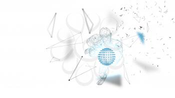 Conceptual abstract man with hands up holds a world globe. Connected lines, dots, triangles, particles. Artificial intelligence concept. High technology vector, digital background. 3D render vector illustration