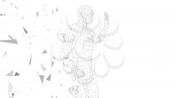 Conceptual abstract man with hand pointing up. Connected lines, dots, triangles, particles on white background. Artificial intelligence concept. High technology vector digital background. 3D render vector illustration