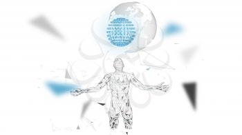 Conceptual abstract man with world globe. Connected lines, dots, triangles, particles on white background. Artificial intelligence concept. High technology vector, digital background. 3D render vector illustration