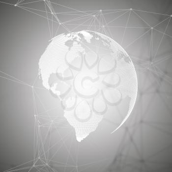 Abstract futuristic network shapes. High tech background, connecting lines and dots, polygonal linear texture. World globe on gray. Global network connections, geometric design, dig data concept