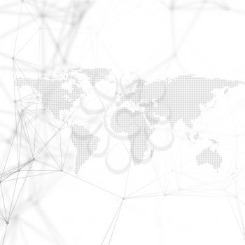 Abstract futuristic background with connecting lines and dots, polygonal linear texture. World map on white. Global network connections, geometric design, dig data technology digital concept