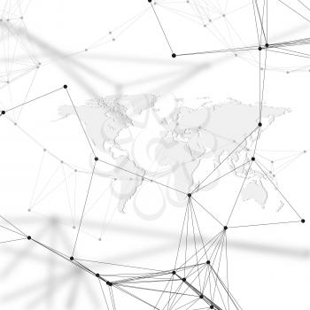 Abstract futuristic background with connecting lines and dots, polygonal linear texture. World map on white. Global network connections, geometric design, technology digital concept