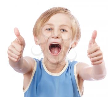 Smiling young little boy giving thumb up gesture, isolated