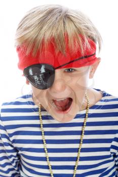 Close up portrait of angry pirate shouting. Isolated on white background