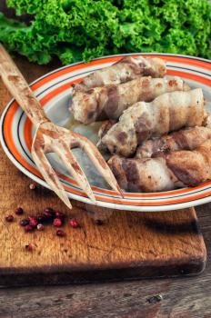 set fried meat sausages with salad on wooden background