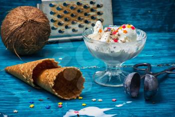 coconut ice cream in  bowl and two waffle cup.Selective focus