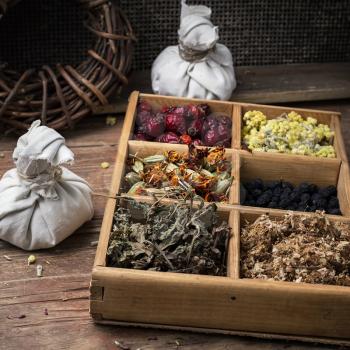 wooden box with herbs in the rural style.Selective focus