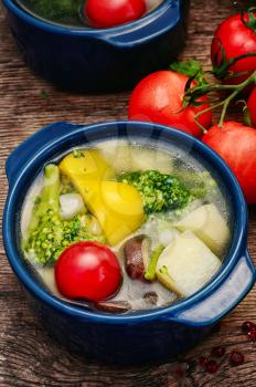 Tasty vegetable soup with peppers,potatoes,tomato,mushrooms and cauliflower