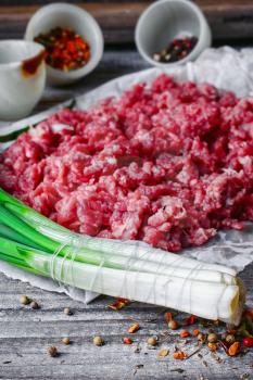 Fresh ground beef with spices on paper for baking
