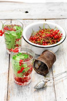Summer tea with berries of red currant in glass