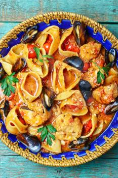 Dish sauce with seafood and fresh mussels with pasta