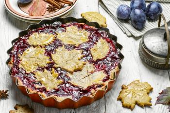 Harvest pie with autumn plums with autumn style