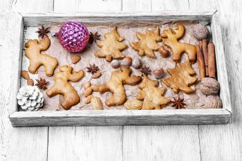 Symbolic box of homemade cookies for Christmas.Cookies in the shape of Christmas tree and reindeer