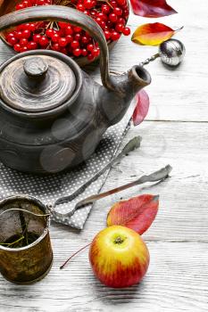 clay kettle with tea with berries on autumn background