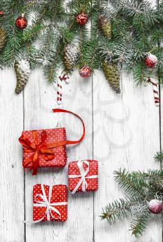 Christmas toy,Christmas tree on bright background with Christmas fir
