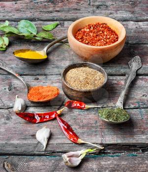 large set spicy spices in spoons on wood background