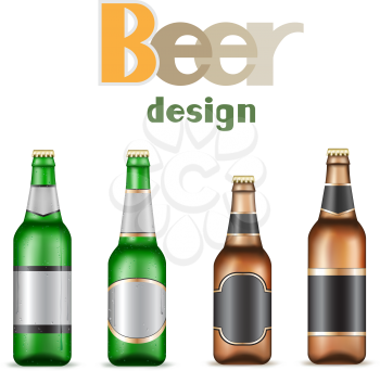 Green and brown beer bottles on the white background